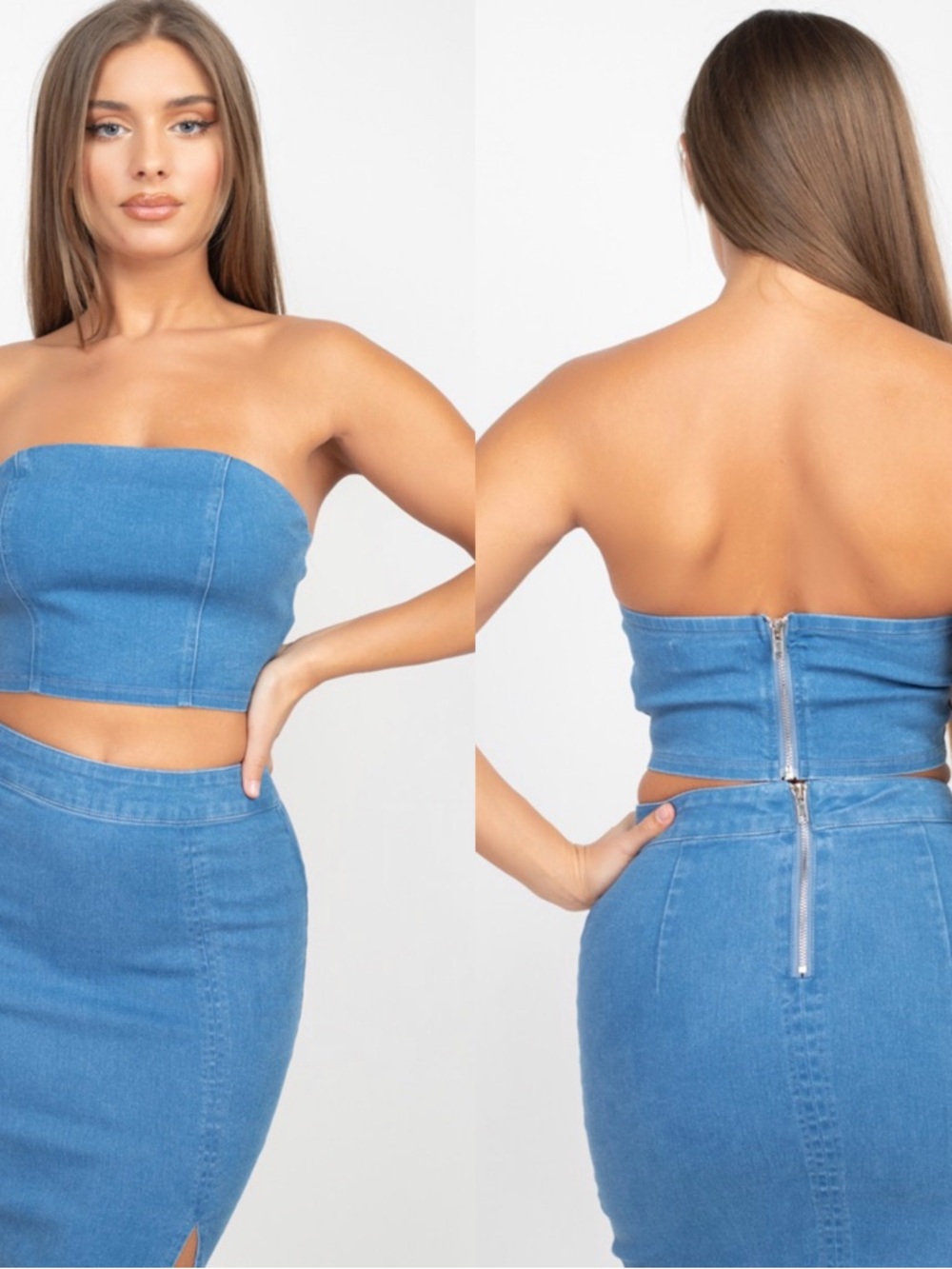 Haute Monde Blue Denim Midi Pencil Skirt with Front Slit - Picture 9 of 12